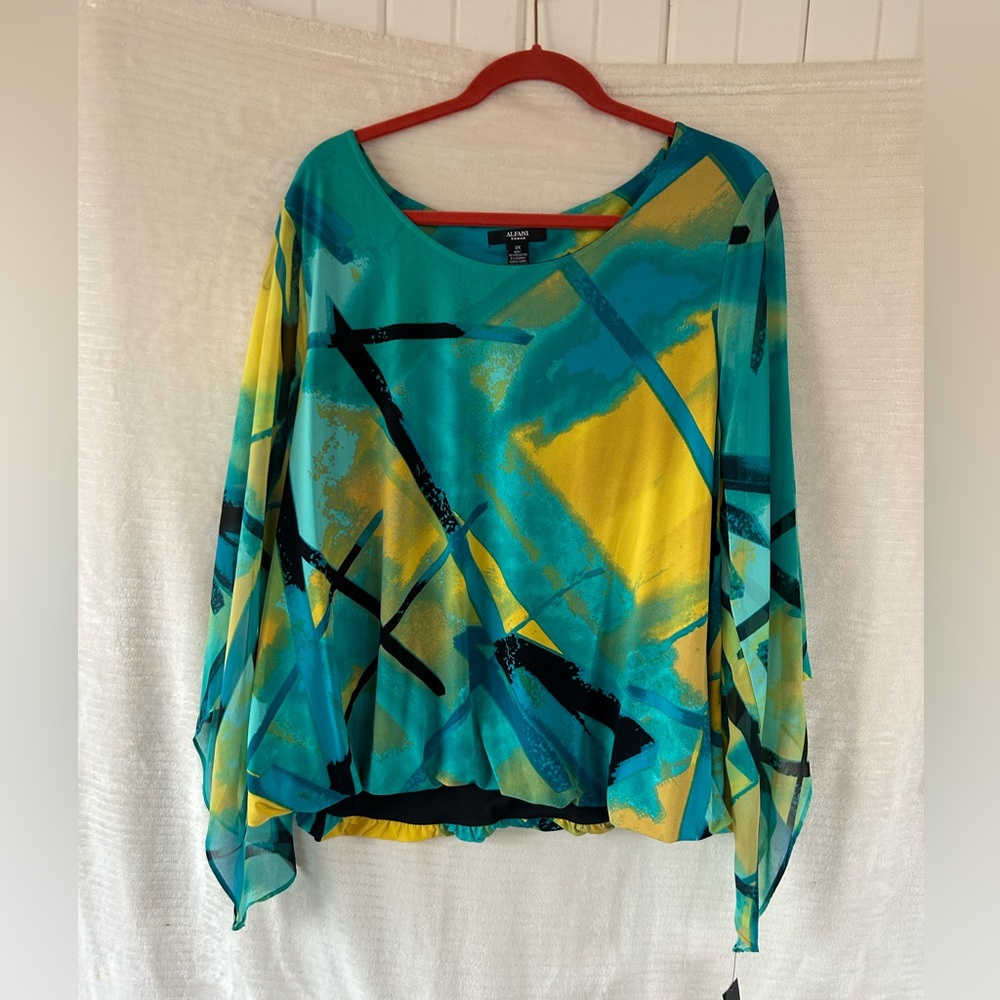 NWT Alfani Women's Teal and Yellow Abstract Blouse